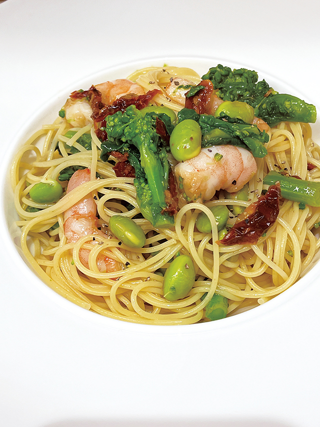 菜の花と枝豆の冷製パスタ