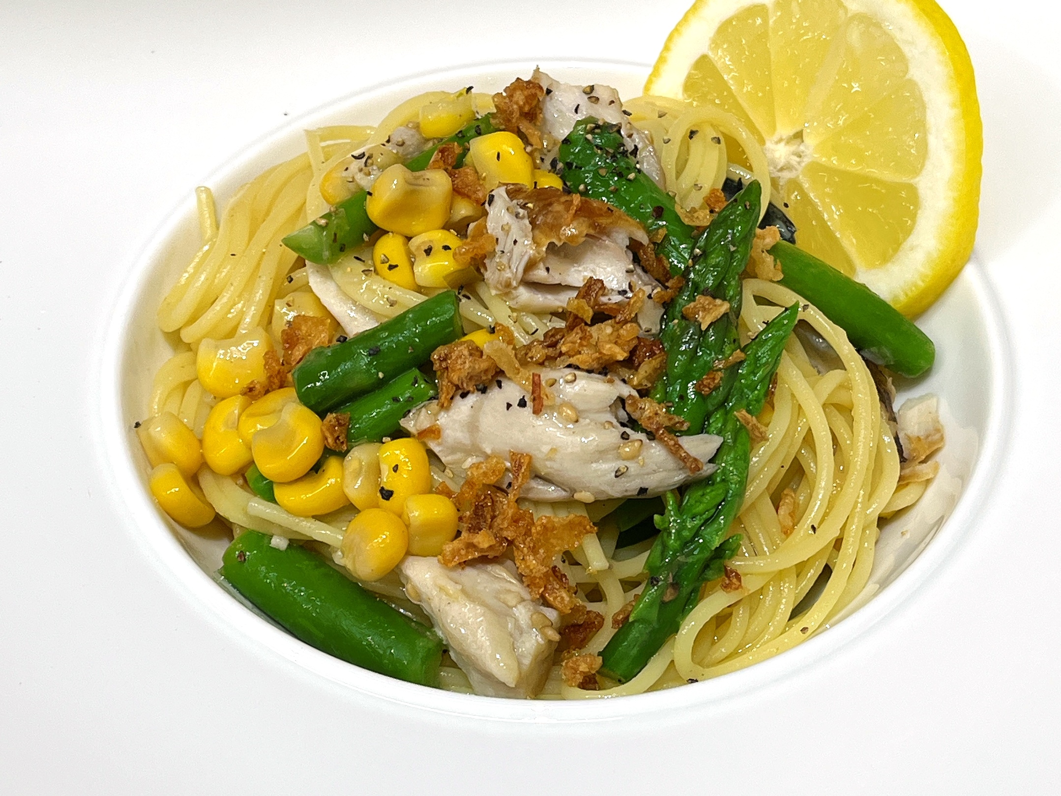 アスパラ&コーンとサバのパスタ